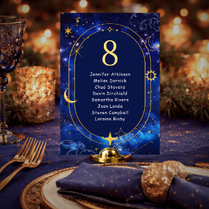 Blue gold moon mystic celestial wedding seating table number