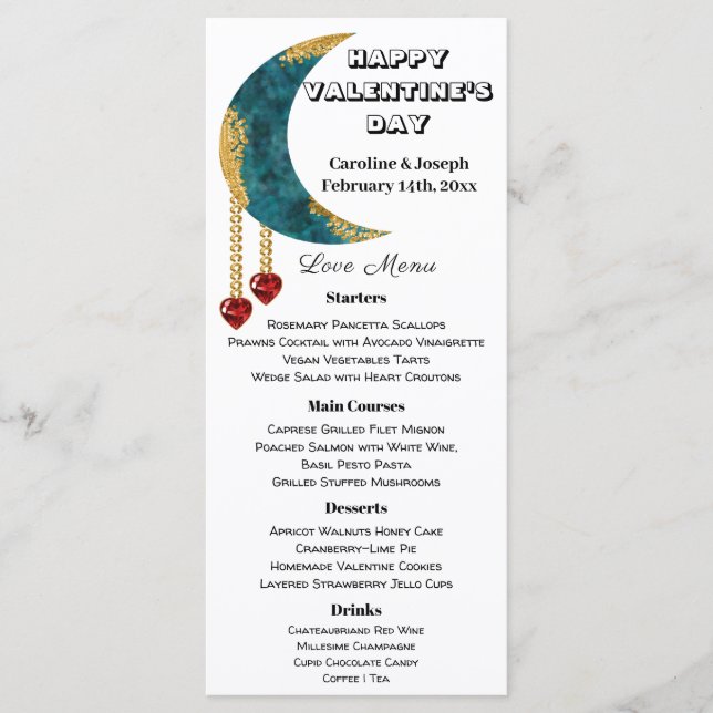 Blue Gold Moon Red Heart Jewels Valentine’s Day Menu (Front)