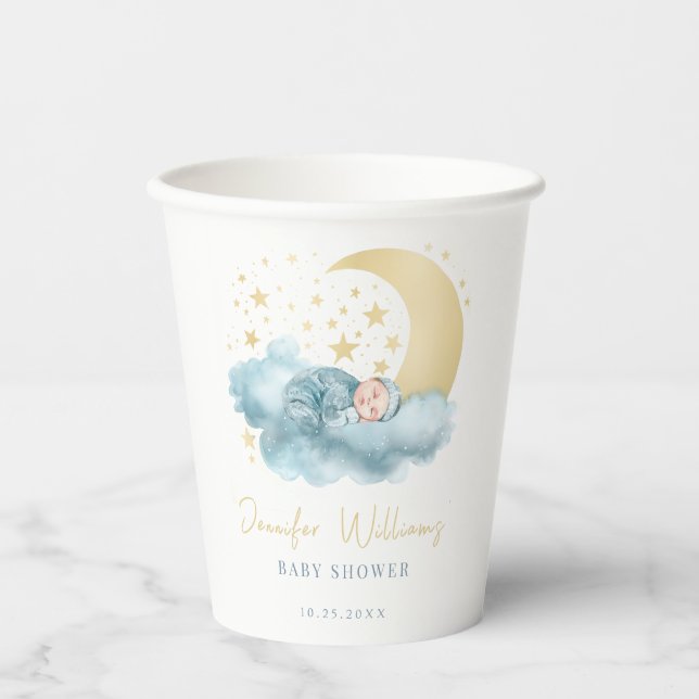 Blue gold moon stars baby boy shower paper cups (Front)