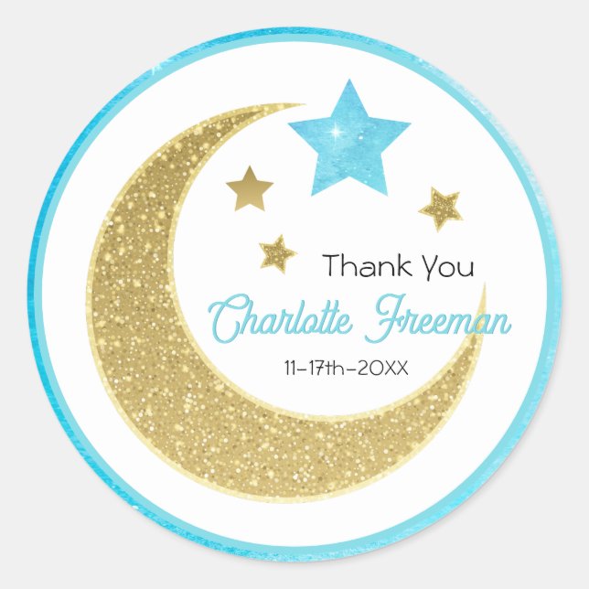 Blue & Gold Moon Stars Baby Shower Thank You  Classic Round Sticker (Front)