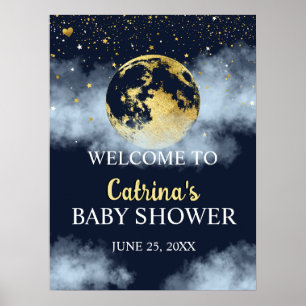 Blue Gold Moon & Stars Baby Shower Welcome Sign