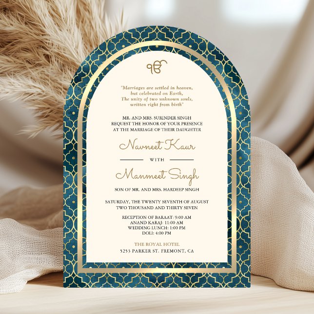 Blue Gold Moroccan QR Code Sikh Arch Wedding Invitation (Creator Uploaded)