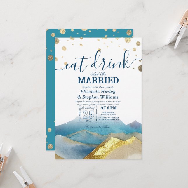 Blue Gold Mountains EAT Drink & Be Married Wedding Invitation (Front/Back In Situ)