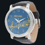Blue gold music notes name watch<br><div class="desc">Simple and elegant for a music lover or musician! Navy blue background with faux gold music notes. Template for your name,  golden letters.  Golden clock numbers.</div>