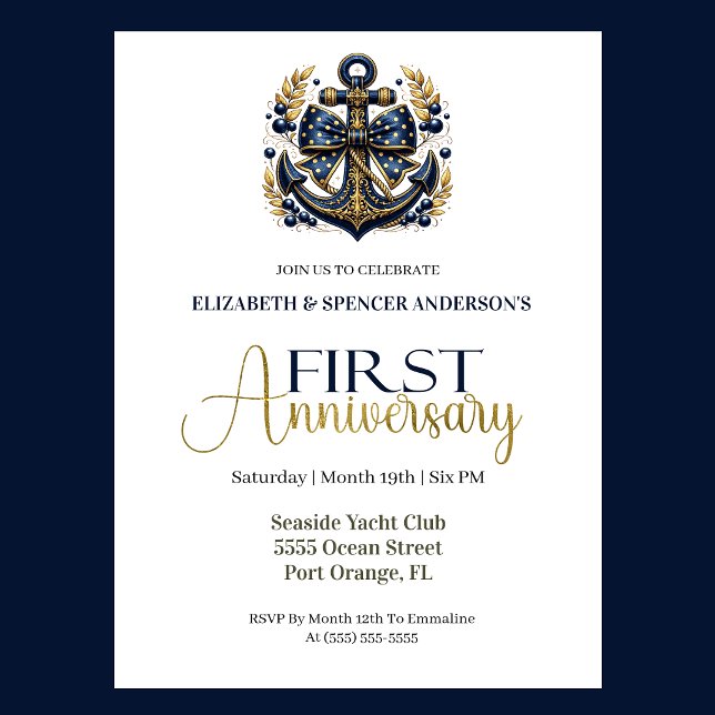 Blue Gold Nautical Anchor 1st Wedding Anniversary Invitation (Navy blue and gold nautical anchor 1st wedding anniversary invitation with elegant coastal theme
)