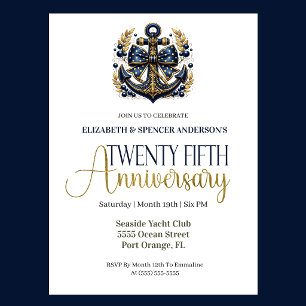 Blue Gold Nautical Anchor 25th Wedding Anniversary Invitation