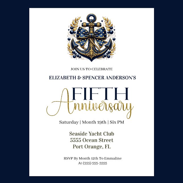 Blue Gold Nautical Anchor 5th Wedding Anniversary Invitation (Navy blue and gold nautical anchor 5th wedding anniversary invitation with elegant coastal theme
)