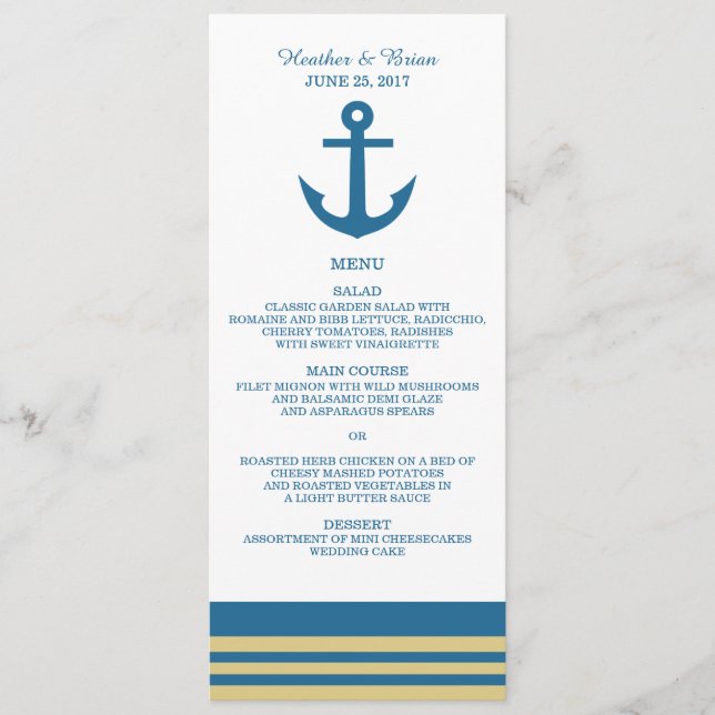 Blue Gold Nautical Anchor Wedding Menu (Front)