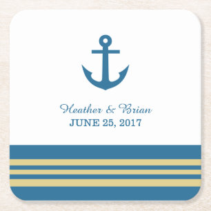 Blue Gold Nautical Anchor Wedding Paper Coasters