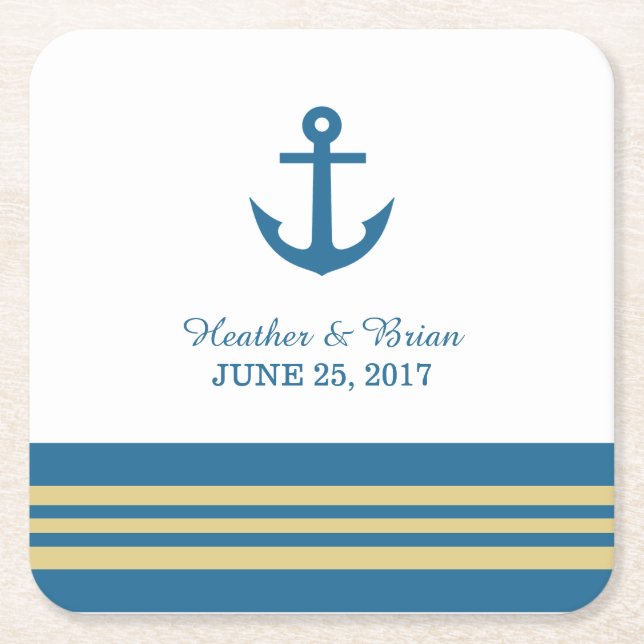Blue Gold Nautical Anchor Wedding Paper Coasters (Front)