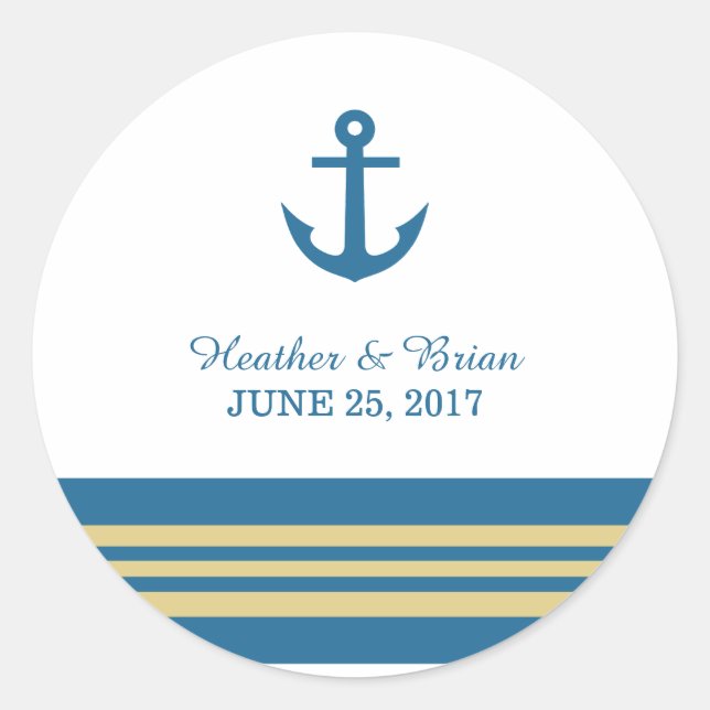 Blue Gold Nautical Anchor Wedding Stickers (Front)