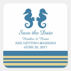 Blue Gold Nautical Seahorse Save the Date Square Sticker