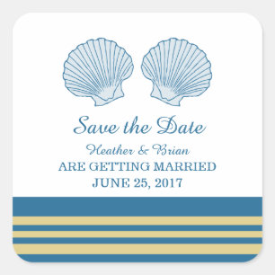 Blue Gold Nautical Seashells Save the Date Square Sticker