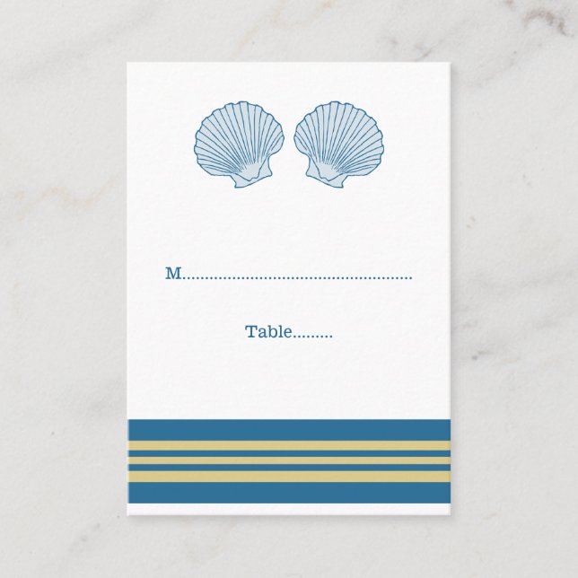 Blue Gold Nautical Seashells Wedding Place Cards (Front)