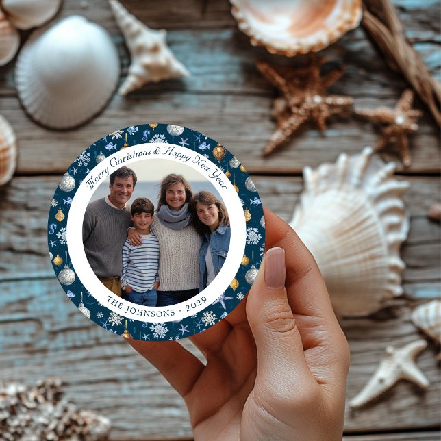 Blue & Gold Nautical Snowflakes Christmas Photo Classic Round Sticker (Blue & Gold Nautical Snowflakes Christmas Photo Classic Round Sticker)