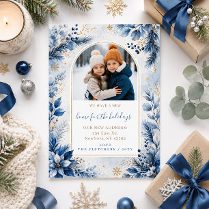 Blue Gold New Home for Holidays Photo Moving Holiday Card