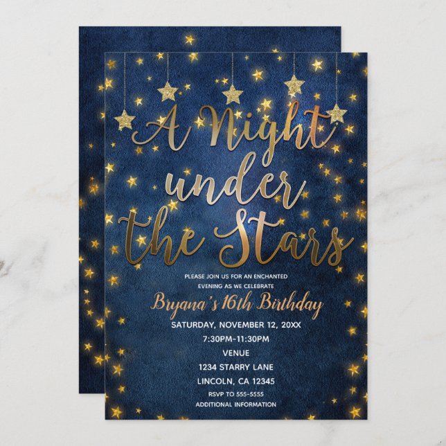Blue & Gold Night Under the Stars Celestial Sky Invitation (Front/Back)