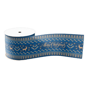Blue Gold Nordic Script Christmas Ribbon Grosgrain Ribbon