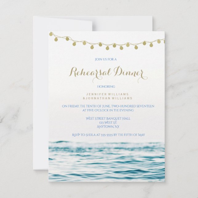 Blue/Gold ocean lights rehearsal dinner invitation (Front)