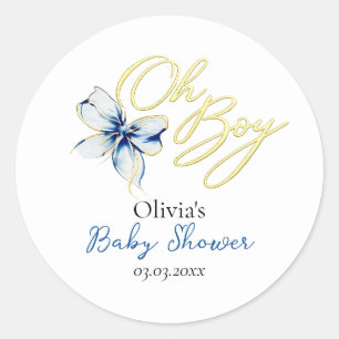 Blue & Gold “Oh Boy” Gold Typography Baby Shower Classic Round Sticker