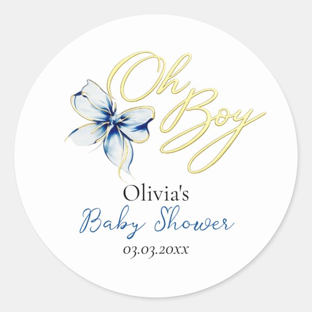 Blue & Gold “Oh Boy” Gold Typography Baby Shower Classic Round Sticker (Front)