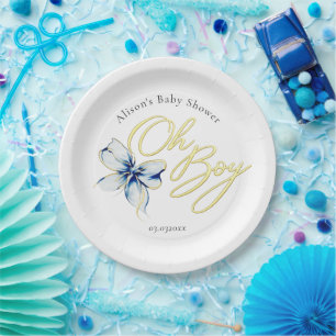 Blue & Gold “Oh Boy” Gold Typography Baby Shower Paper Plate