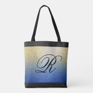 Blue Gold Ombre Glitter Design with Monogram Tote Bag