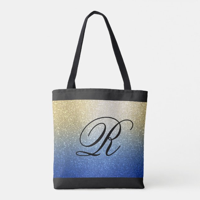 Blue Gold Ombre Glitter Design with Monogram Tote Bag (Back)
