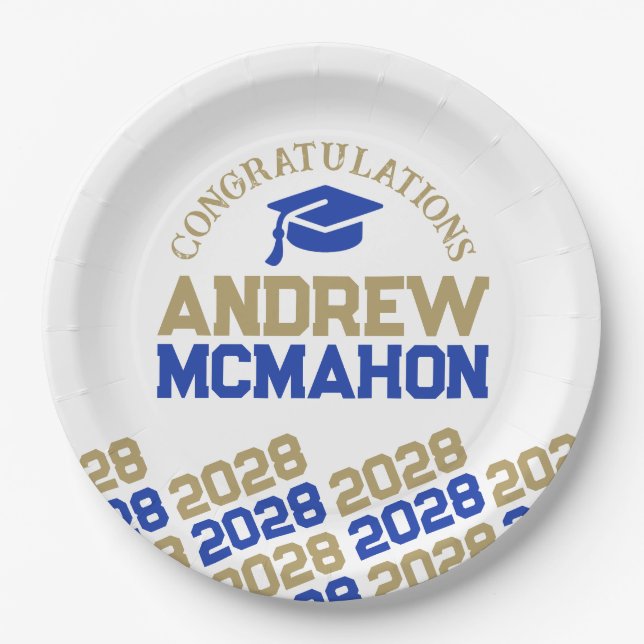 Blue & Gold on White Half Repeat Grad Personalised Paper Plate (Front)