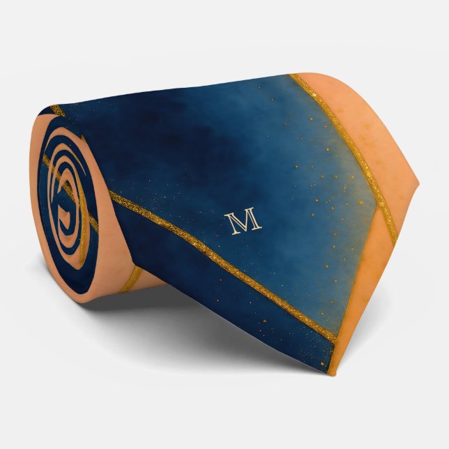 Blue Gold Orange Geometric  Pattern Monogram Tie (Rolled)