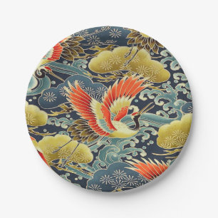 Blue Gold Orange Japanese Kimono Bird Crane Paper Plate