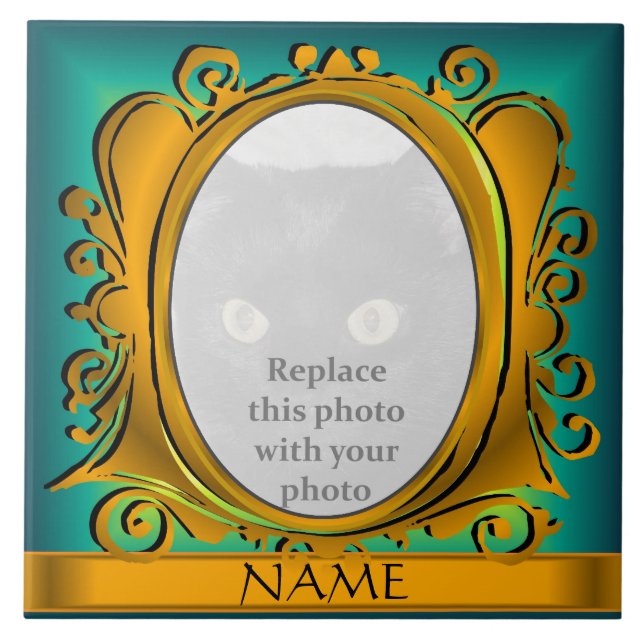 Blue Gold Oval Photo Frame with Name Tile (Front)