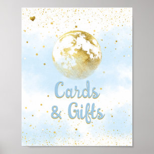 Blue Gold Over the Moon and Stars Baby Shower Sign