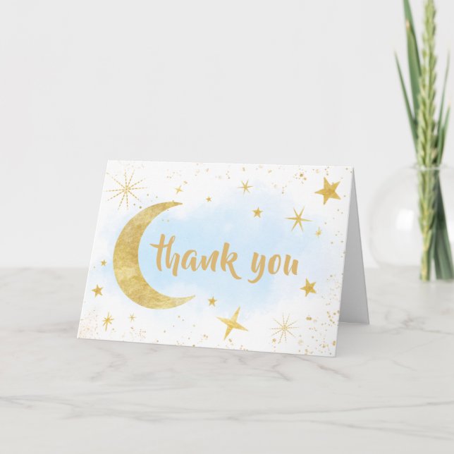 Blue Gold Over The Moon Baby Shower  Thank You Card (Front)