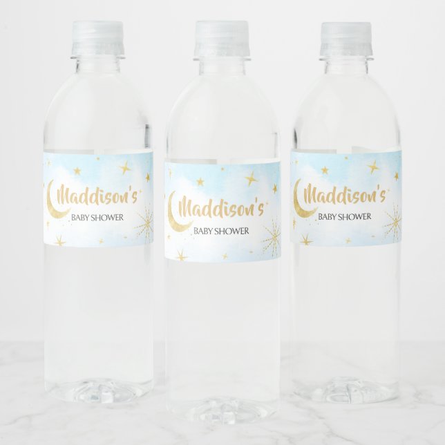 Blue Gold Over The Moon Baby Shower  Water Bottle Label (Bottles)