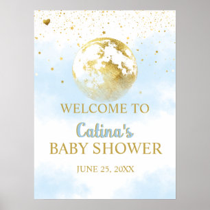 Blue Gold Over the Moon Baby Shower Welcome Sign