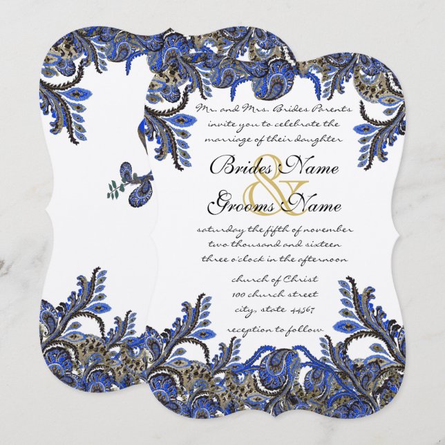 Blue & Gold Paisley Damask Wedding Invite (Front/Back)