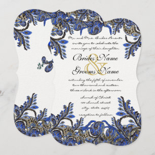 Blue & Gold Paisley Damask Wedding Invite