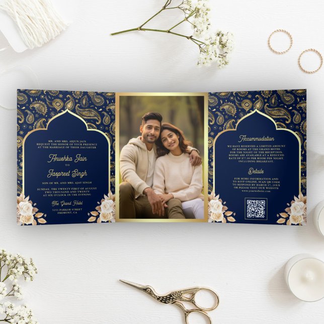 Blue Gold Paisley Floral QR Code Indian Wedding Tri-Fold Invitation (Creator Uploaded)