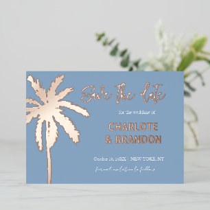 Blue Gold Palm Tree Beach Wedding Save The Date