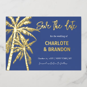 Blue Gold Palm Trees Beach Wedding Save The Date