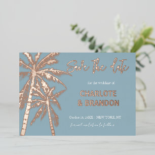 Blue Gold Palm Trees Beach Wedding Save The Date