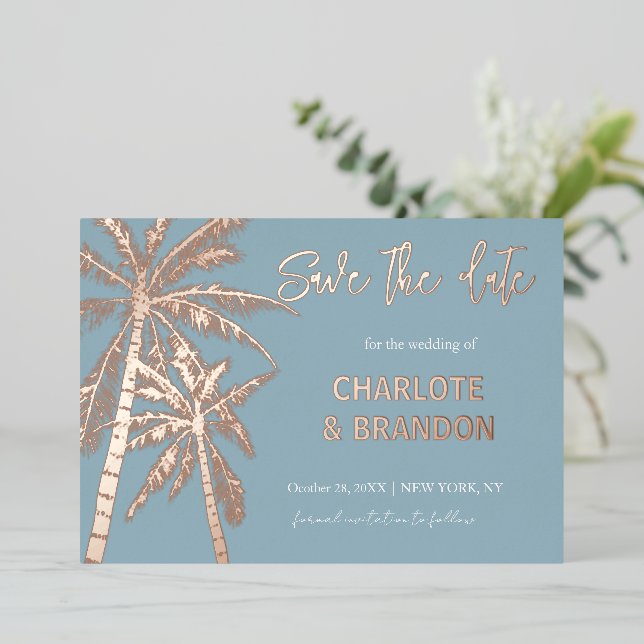 Blue Gold Palm Trees Beach Wedding Save The Date (Standing Front)