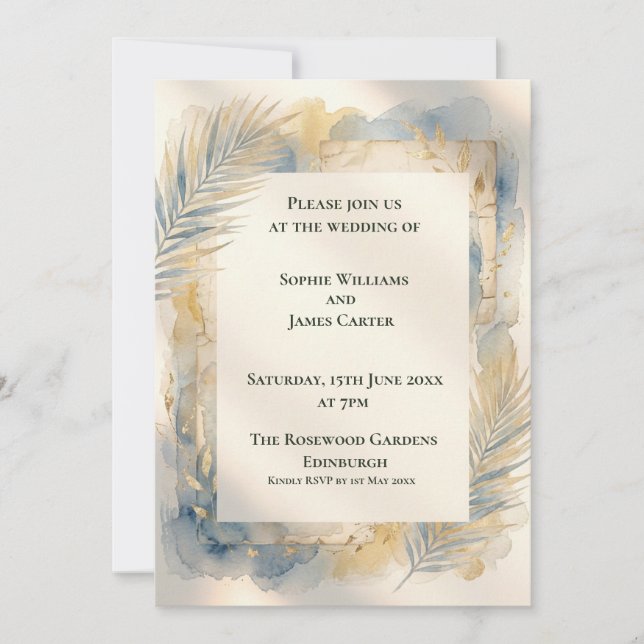 Blue Gold Palm Wedding Invitation (Front)