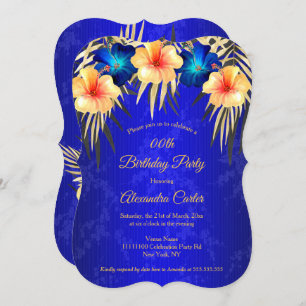 Blue Gold Palms Hibiscus Damask Birthday party Invitation