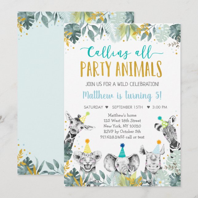 Blue Gold Party Animal Safari Birthday Invitation (Front/Back)