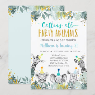 Blue Gold Party Animal Safari Birthday Invitation