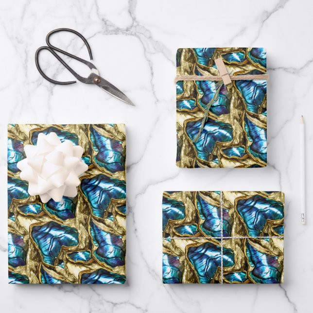 Blue gold paua shell pattern shimmer shells wrapping paper sheet (Front)