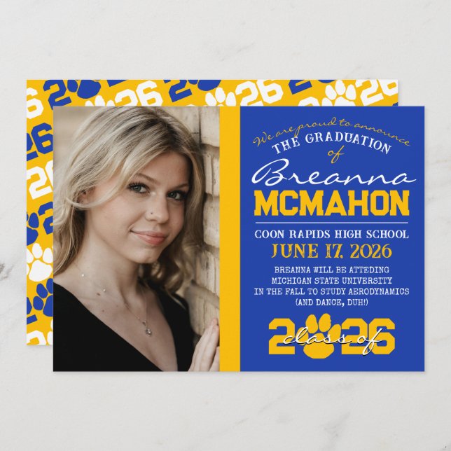 Blue & Gold Paw Print Graduation Announcement (Front/Back)