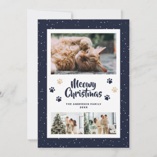 Blue Gold Paws Snow 3 Photo Meowy Christmas Card